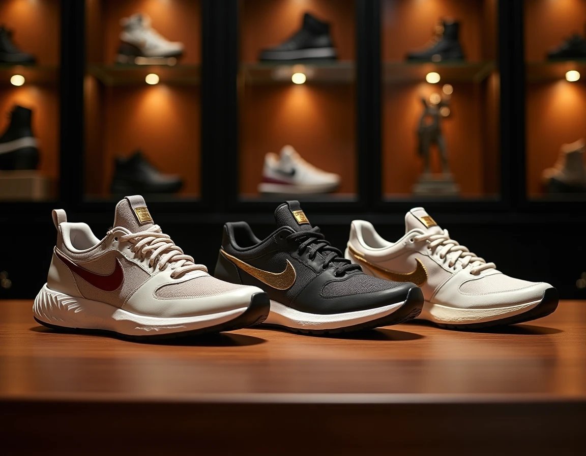Trois paires de sneakers parmi les plus chères au monde disposées côte à côte sur une surface en bois de noyer dans la salle de collection d'un collectionneur privé