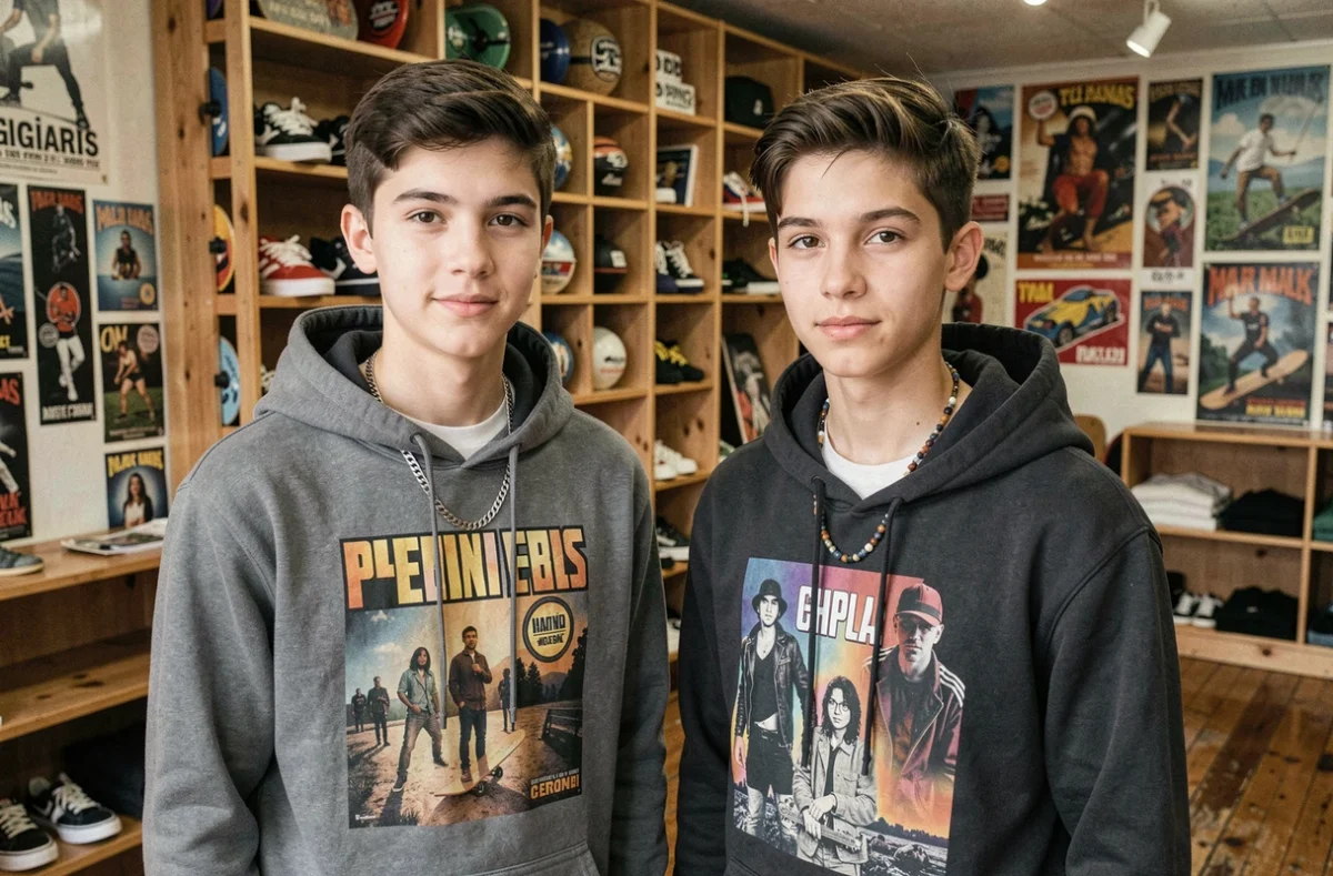 Deux adolescents portant des colliers superposés chaîne argent et cordon perlé dans un intérieur de skate shop