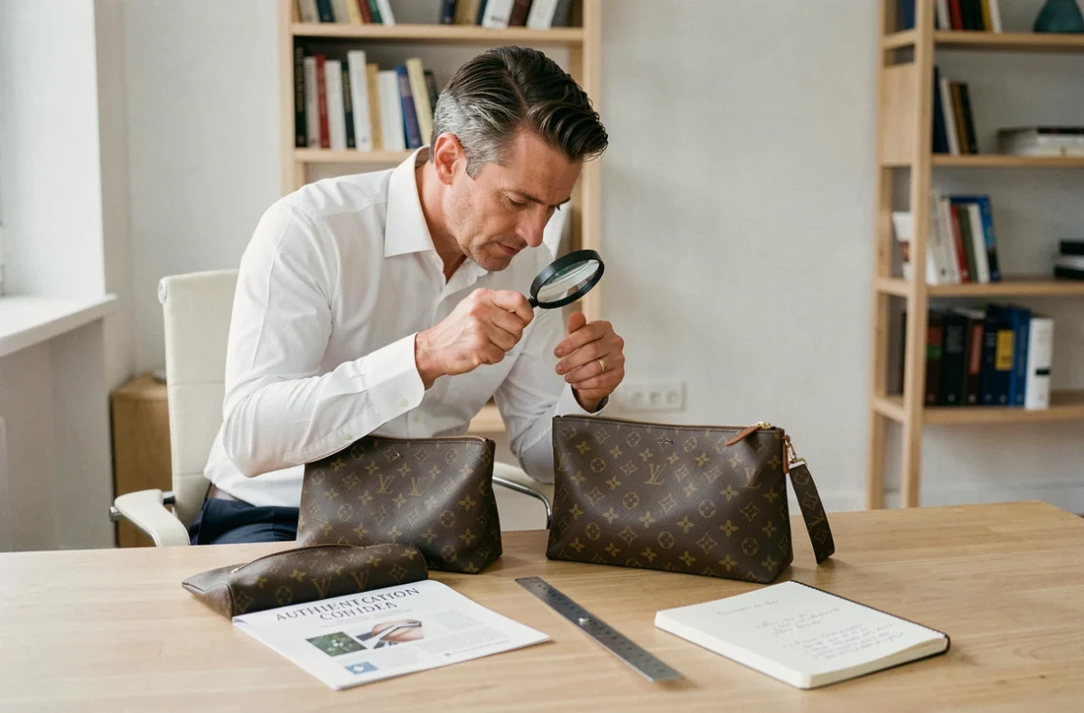 Homme comparant deux sacs à main de luxe côte à côte à l'aide d'une loupe d'authentification