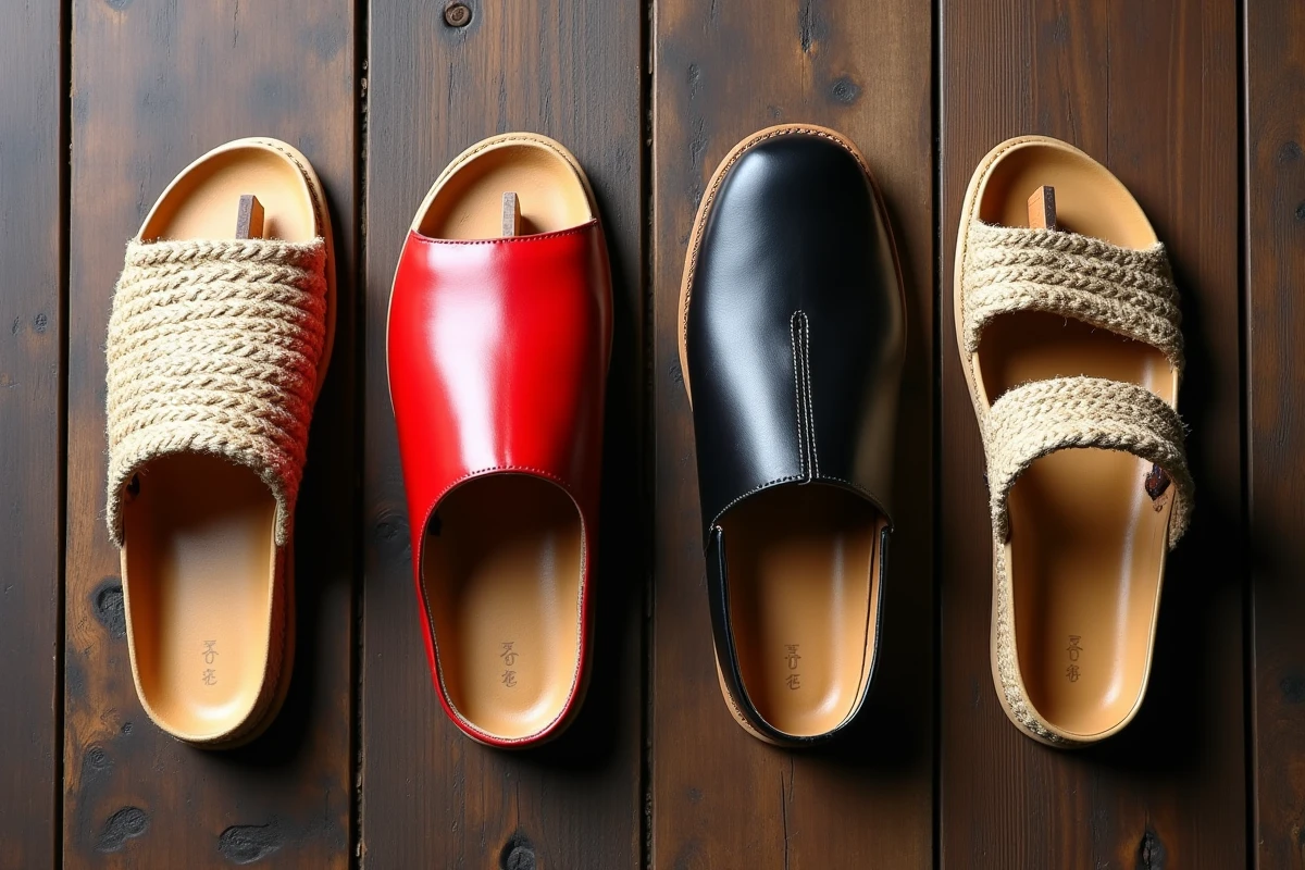 Comparaison de quatre types de chaussures traditionnelles japonaises, geta, jikatabi, waraji et zori, disposées sur un parquet ancien