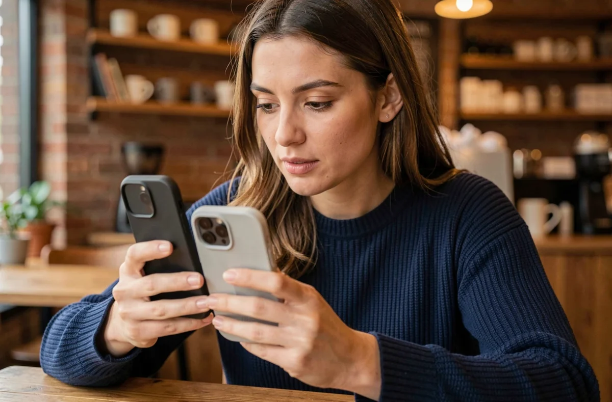 Femme comparant deux coques iPhone 15 Pro compatibles MagSafe dans un café au décor en brique