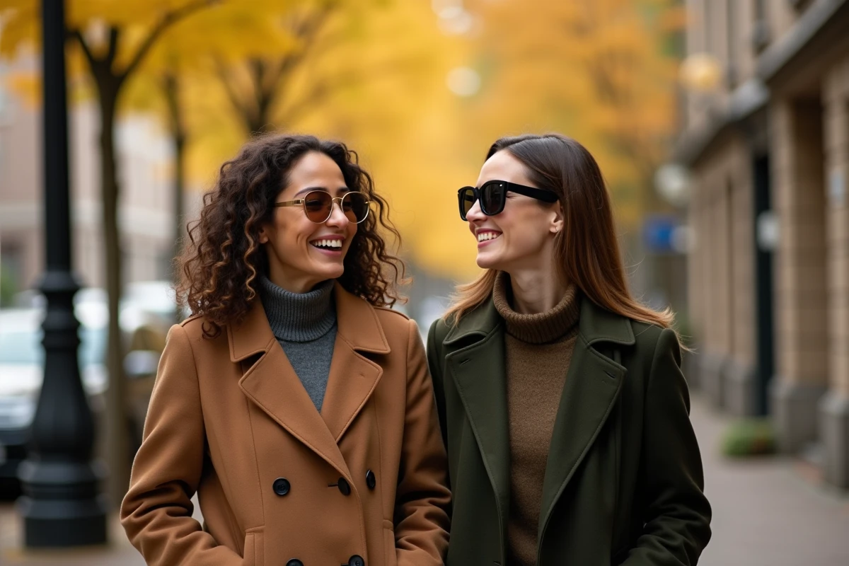 Deux femmes comparant lunettes classiques dorées et montures tendance angulaires 2026 dans une rue en automne