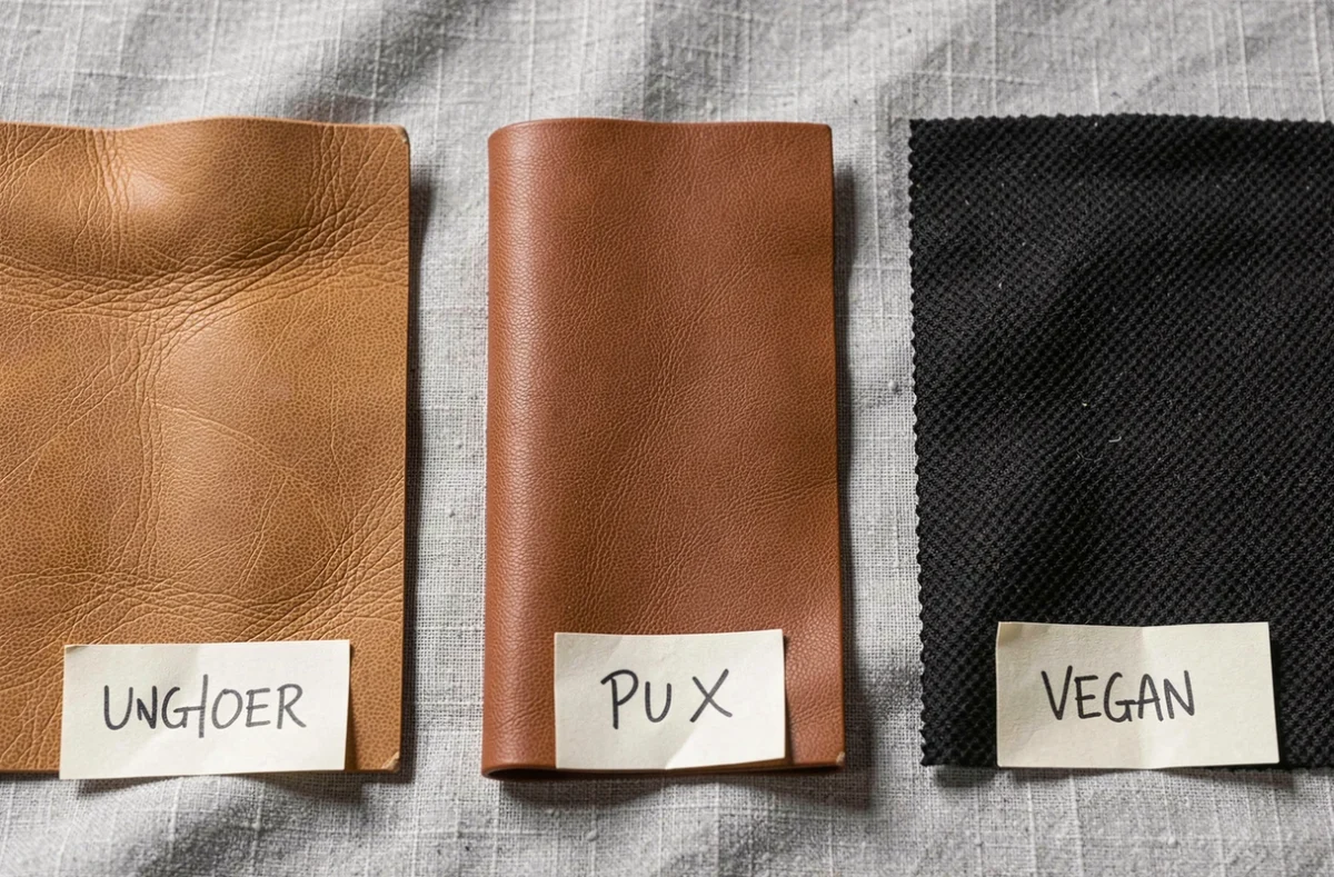 Comparaison en flat-lay de trois matières pour bottes western : cuir véritable, simili cuir et microfibre vegan côte à côte