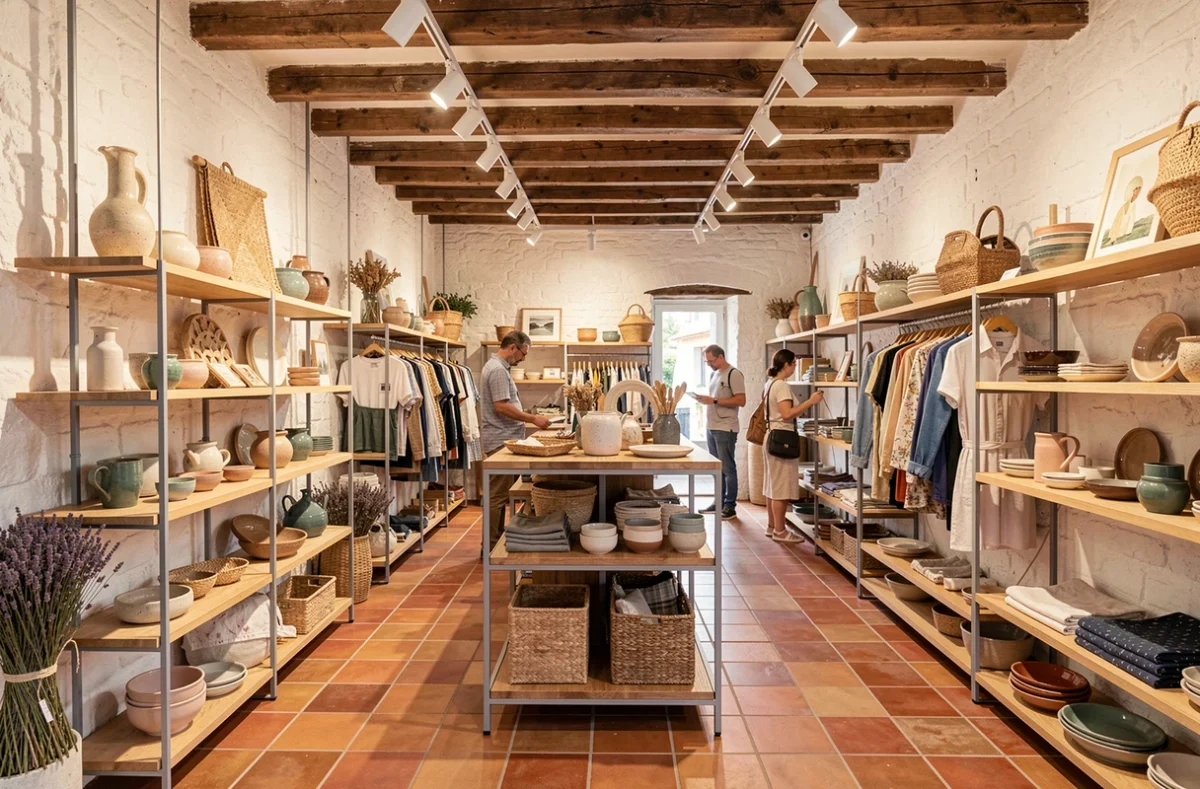 Intérieur d'un concept store en Provence-Alpes-Côte d'Azur mêlant mode, artisanat et art de vivre méditerranéen