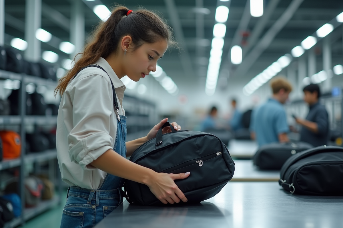 Jeune femme inspecte un sac fini pour contrôle qualité