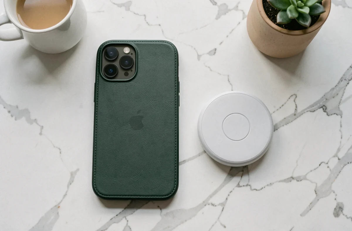 iPhone 15 Pro avec coque cuir vert MagSafe posé à plat sur un comptoir en marbre blanc avec chargeur MagSafe