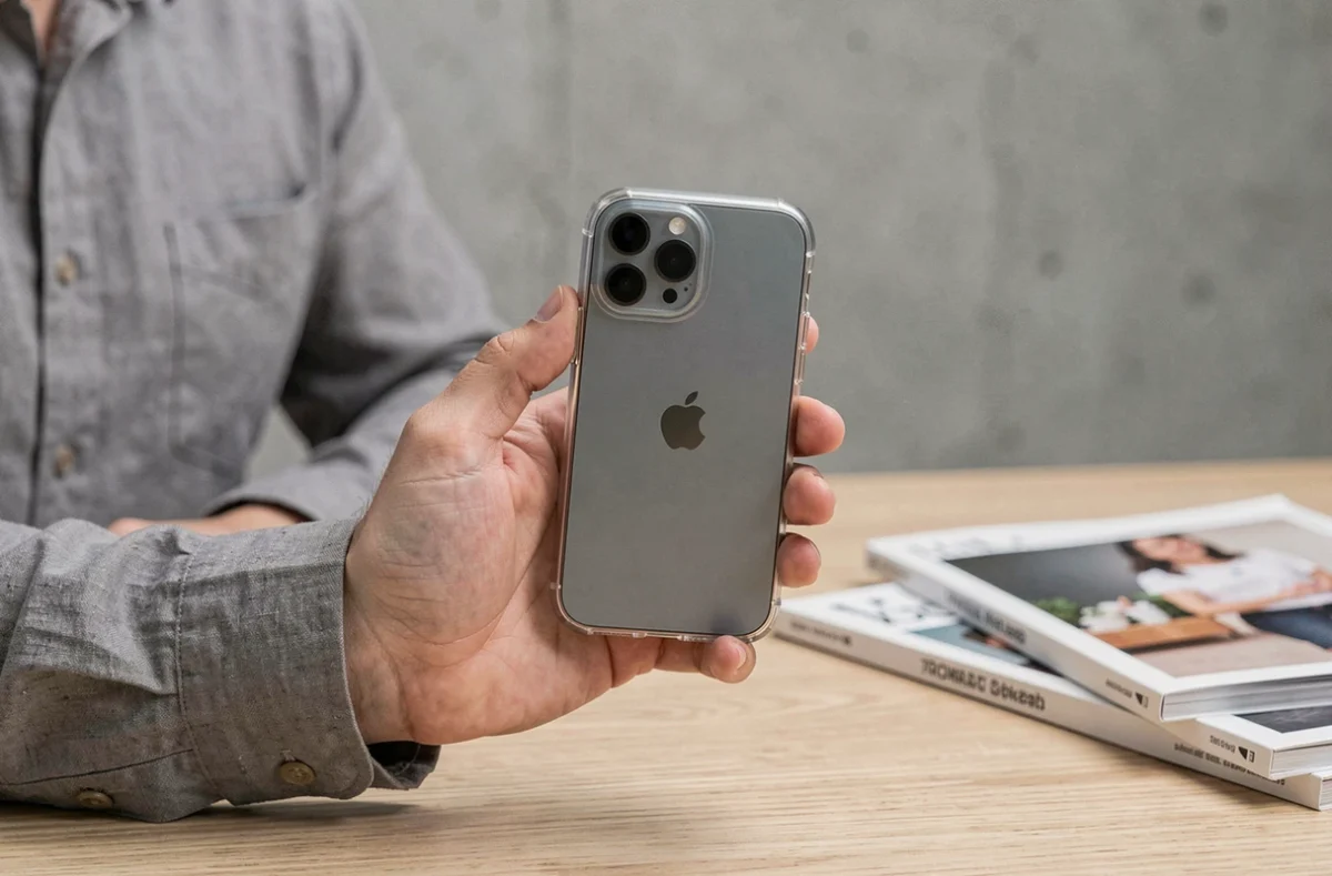 Main tenant un iPhone 15 Pro avec une coque transparente compatible MagSafe sur un bureau en bois minimaliste