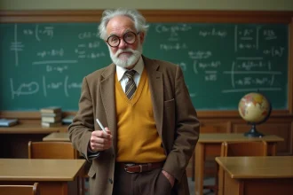 Homme déguisé en professeur ringard avec lunettes cul de bouteille devant un tableau noir en classe rétro