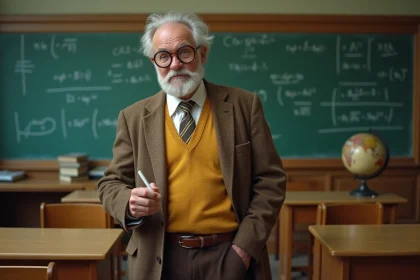 Homme déguisé en professeur ringard avec lunettes cul de bouteille devant un tableau noir en classe rétro