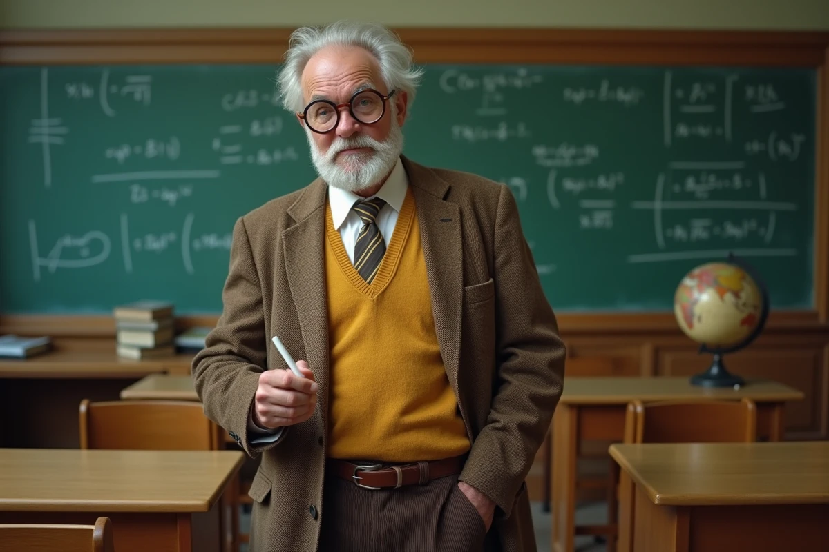 Homme déguisé en professeur ringard avec lunettes cul de bouteille devant un tableau noir en classe rétro