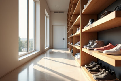 Couloir moderne avec sneakers organisés sur étagères en bois