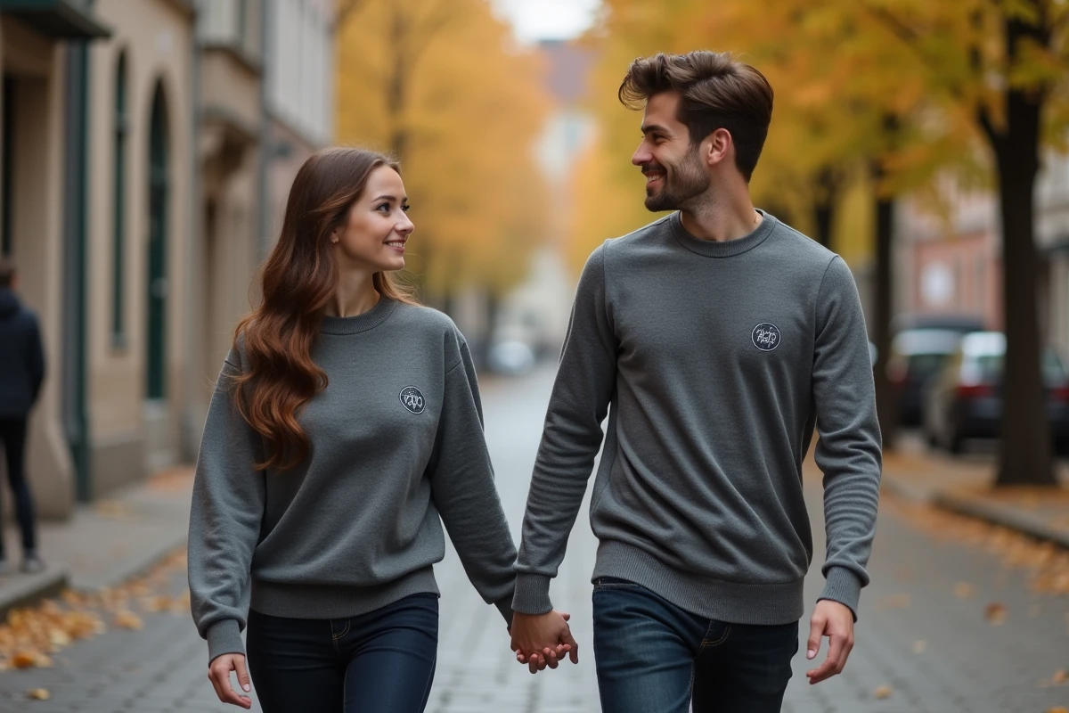 Couple en pulls assortis gris personnalisés se promenant sur une rue pavée en automne ambiance urbaine minimaliste