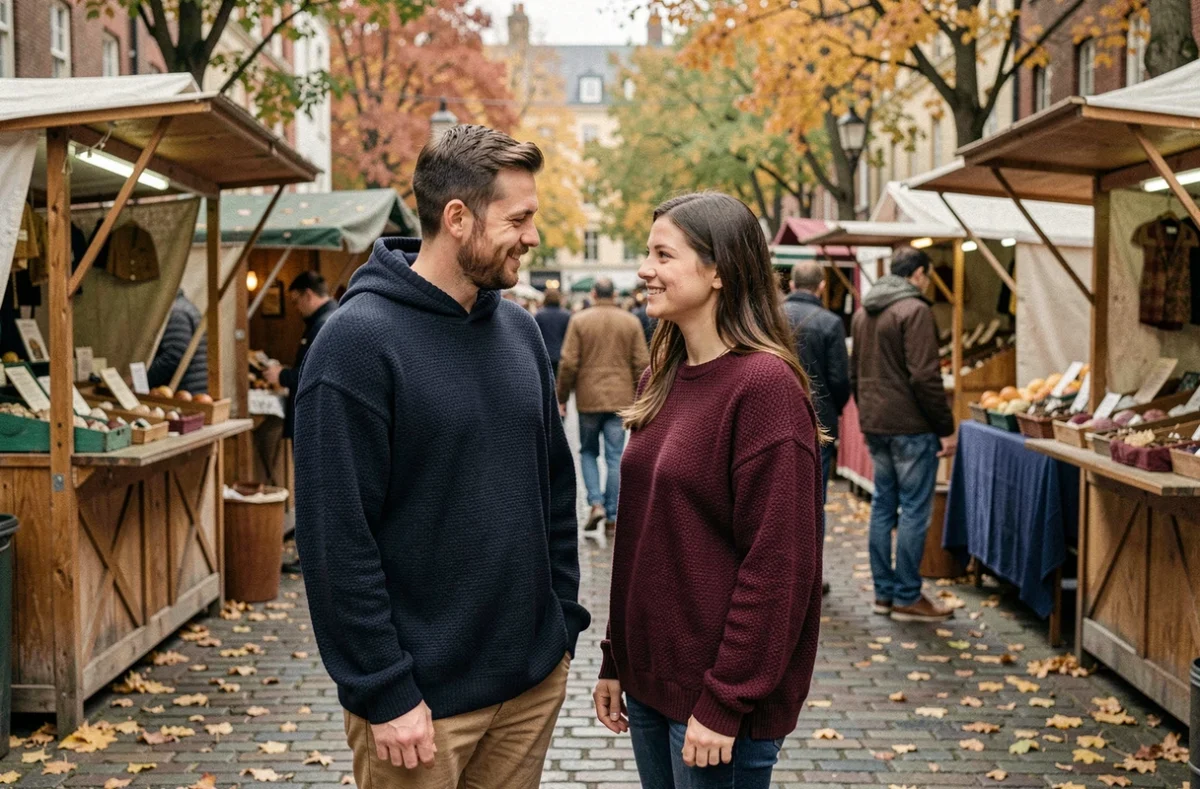 Duo coordonné en pulls oversize navy et bordeaux flânant dans un marché de rue en automne