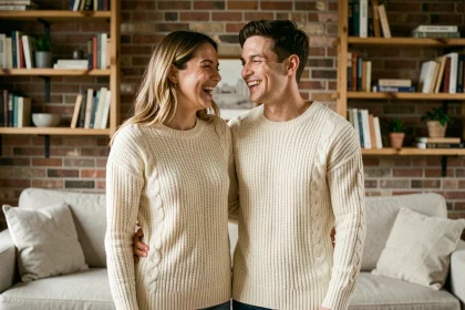 Couple assorti portant des pulls coordonnés couleur crème dans un salon cosy avec briques apparentes