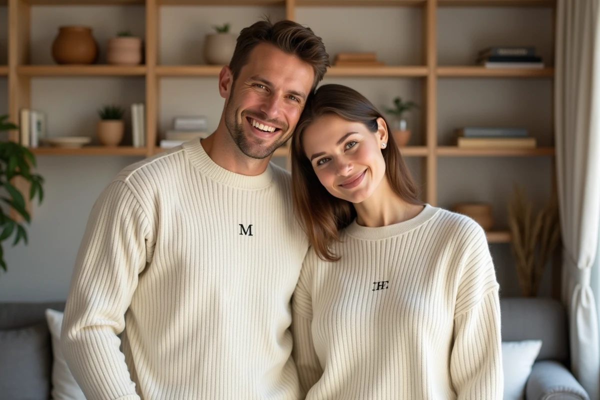 Couple portant des pulls personnalisés minimalistes coordonnés avec initiales brodées dans un intérieur scandinave cosy