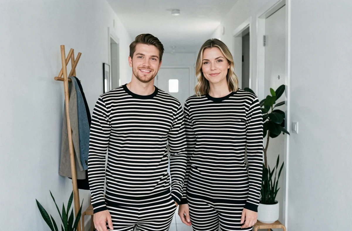 Couple en pulls rayés coordonnés noir et blanc dans une entrée d'appartement minimaliste