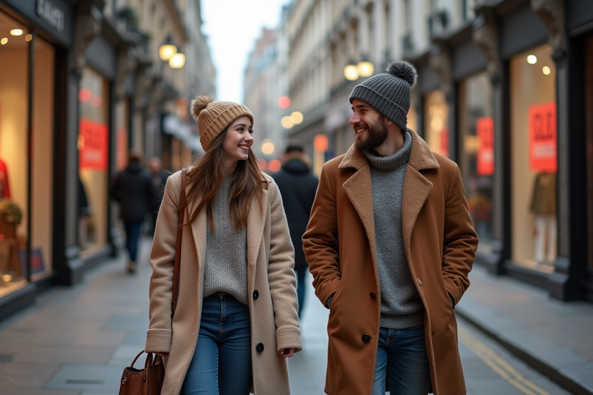 Jeune couple riant dans une rue commerçante