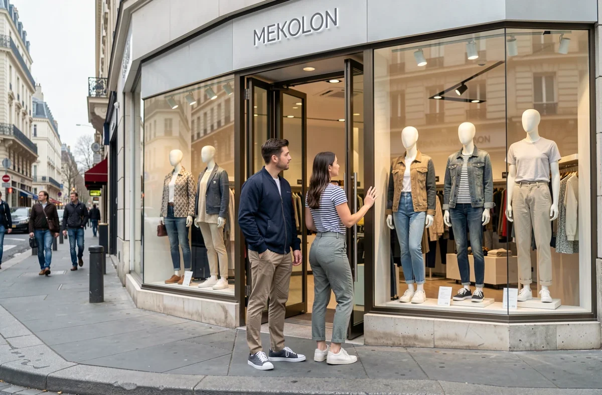 Couple regardant une vitrine de magasin de mode sur les Champs-Élysées à Paris