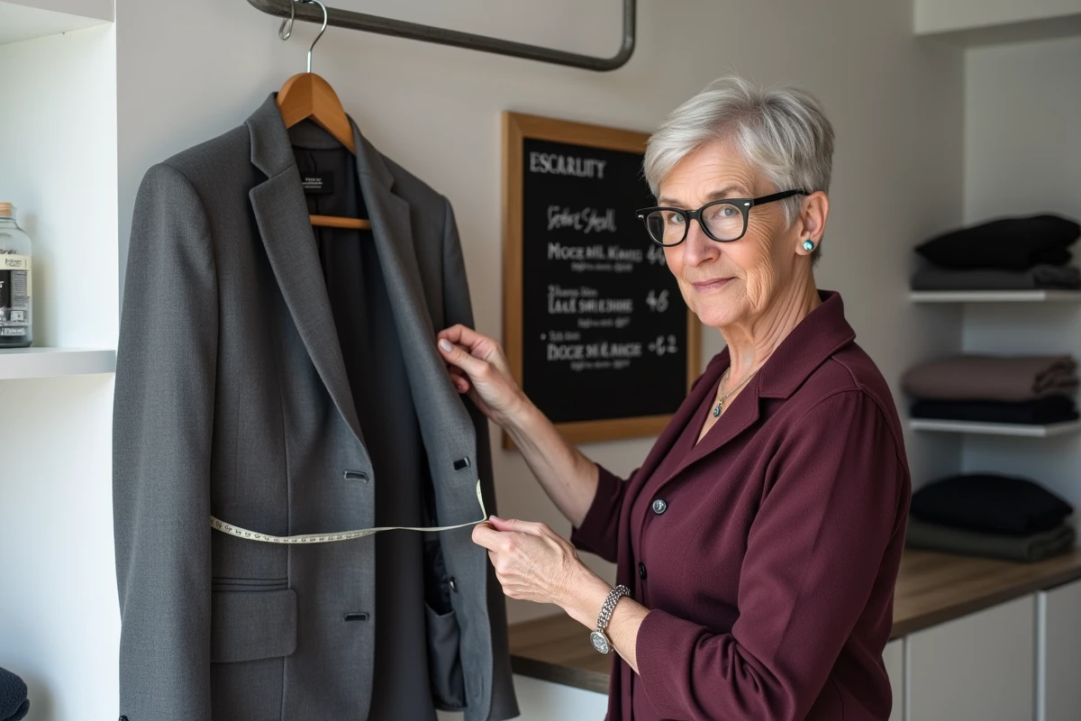Couturière en micro-entreprise mesurant les retouches d'un blazer en laine dans une boutique de retouche minimaliste
