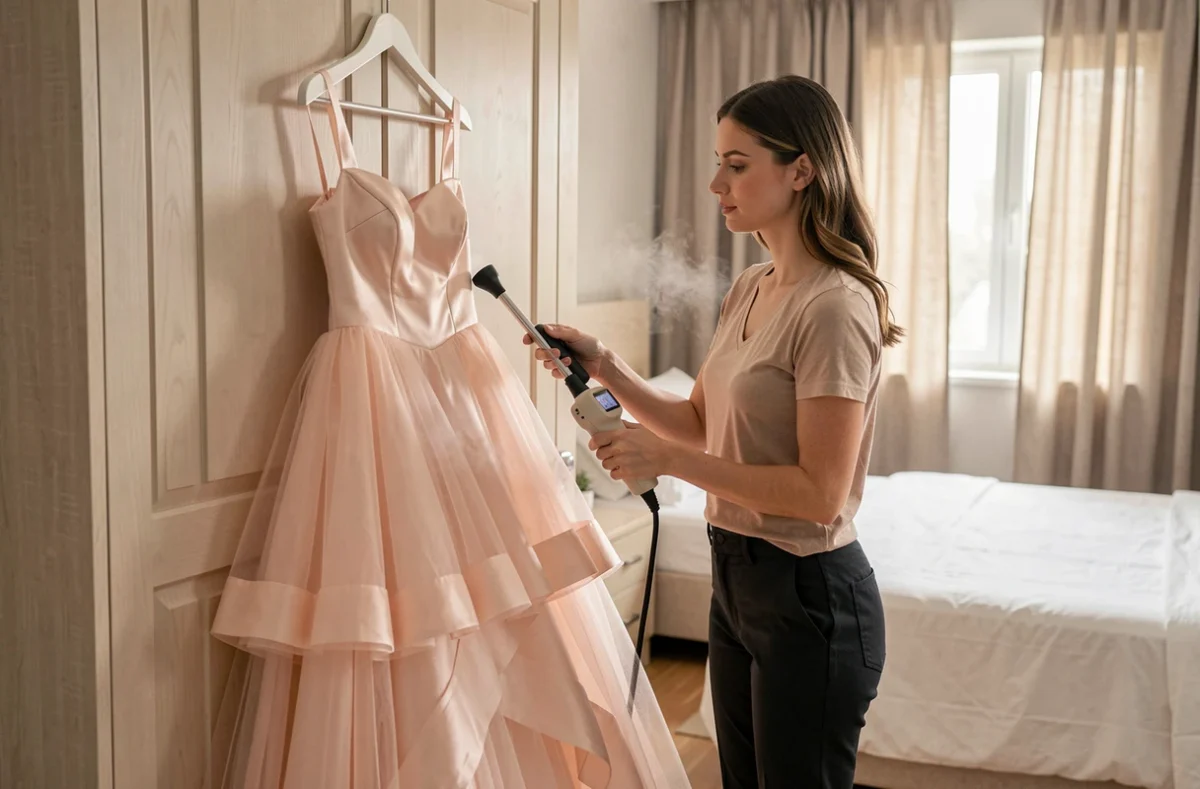 Femme défroissant une robe de princesse rose pâle avec un défroisseur vapeur dans une chambre lumineuse et épurée