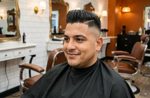 Homme au visage rond avec un dégradé espagnol en douceur, assis dans un fauteuil de barbier moderne