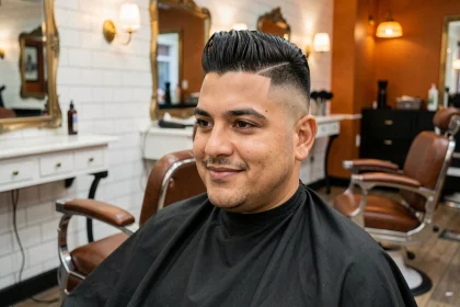 Homme au visage rond avec un dégradé espagnol en douceur, assis dans un fauteuil de barbier moderne