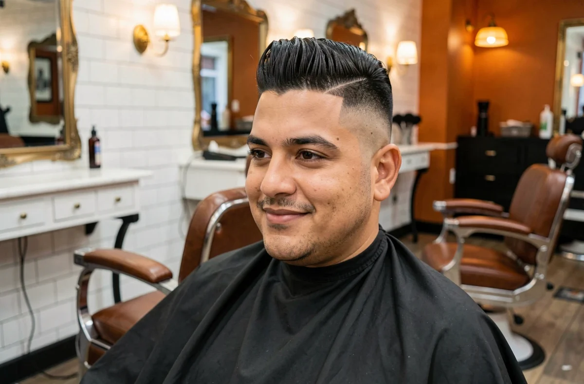 Homme au visage rond avec un dégradé espagnol en douceur, assis dans un fauteuil de barbier moderne