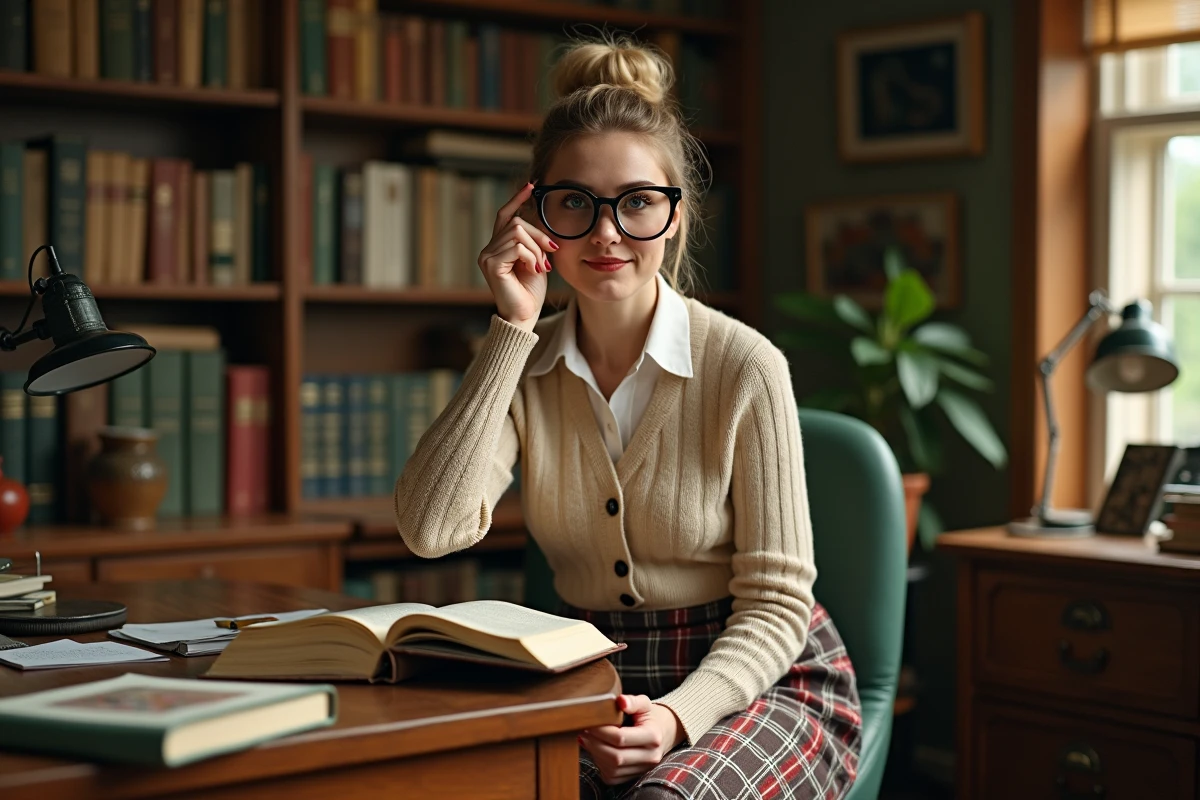 Femme déguisée en institutrice rétro avec grandes lunettes épaisses cul de bouteille dans un bureau vintage