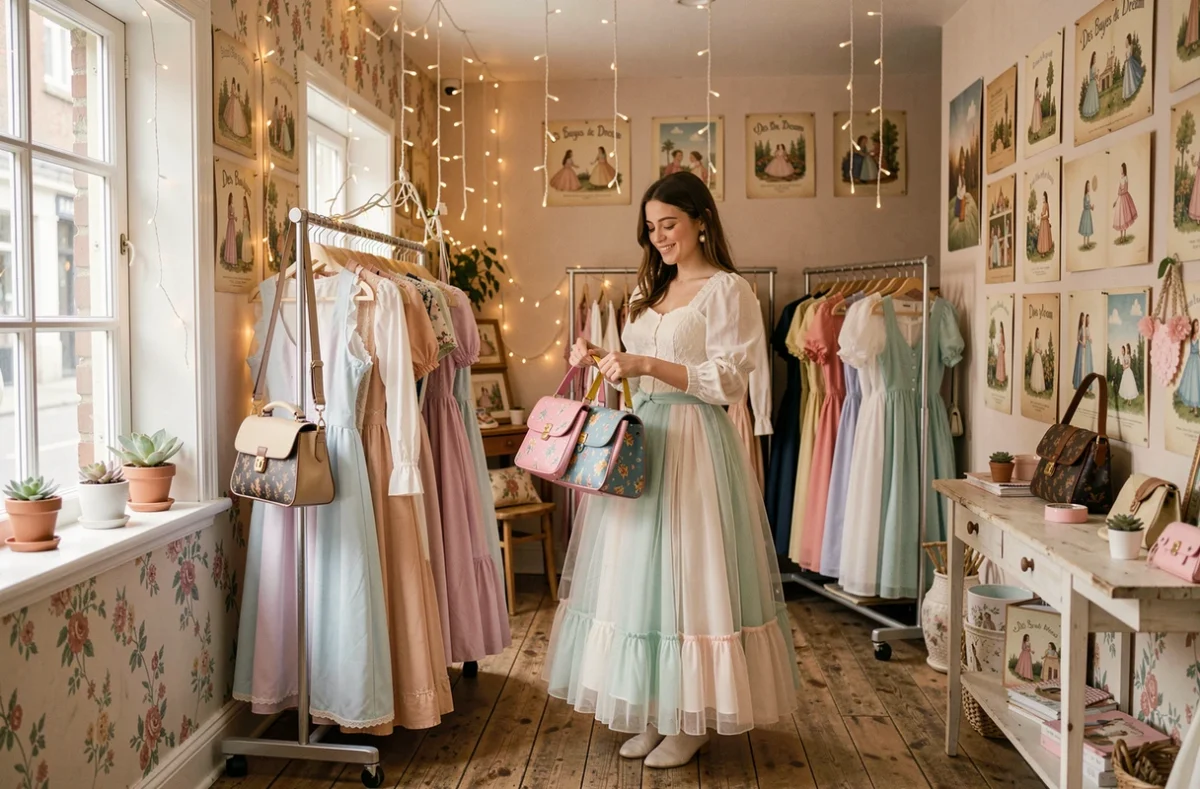Boutique féerique Des Bayes de Dream avec des robes vintage pastel et une vendeuse arrangeant un présentoir de sacs colorés