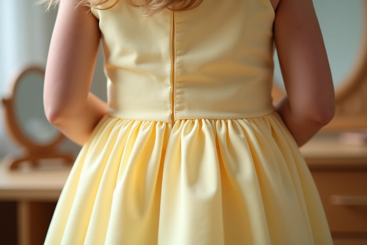 Détail des coutures plates et de l'absence d'étiquette sur une robe de princesse enfant anti-grattage jaune pâle