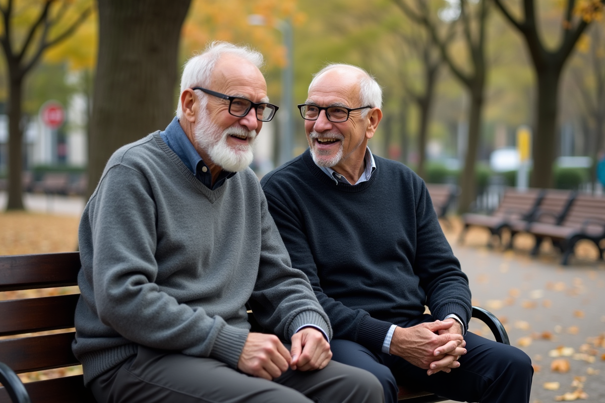 Deux hommes âgés portant des lunettes discutant sur un banc de parc