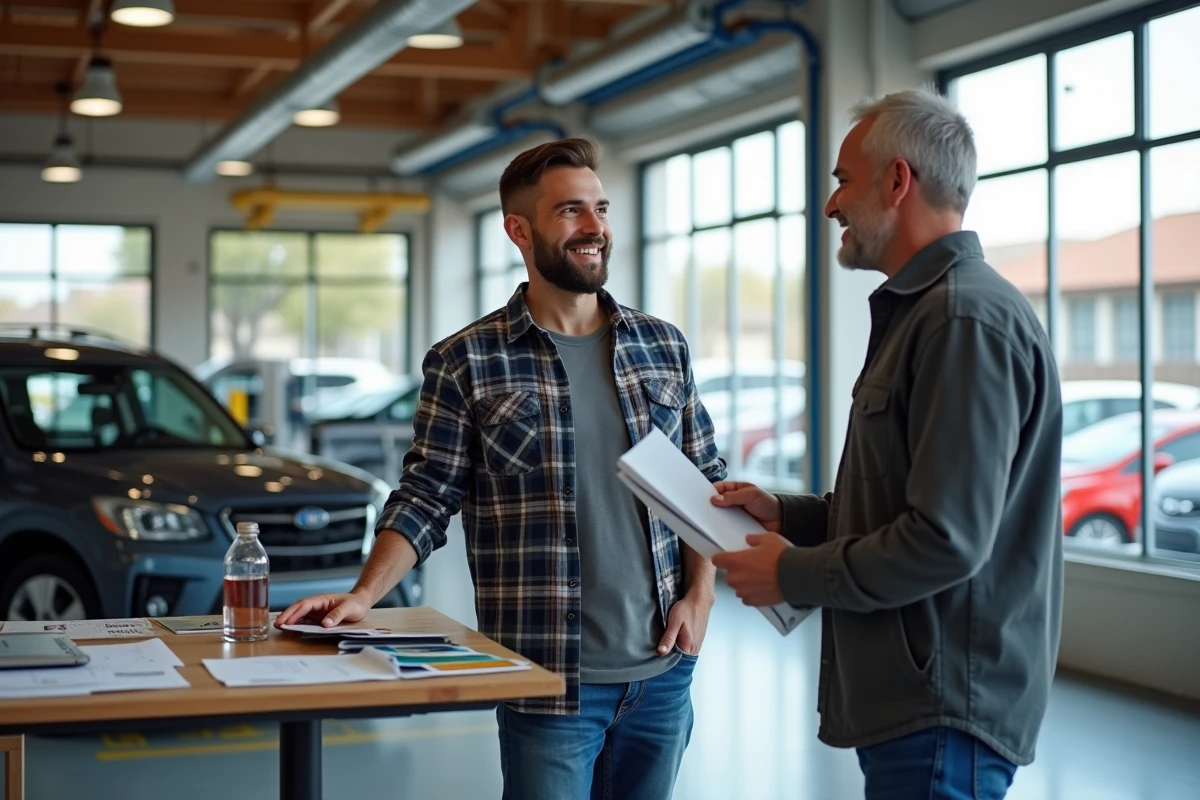 Jeune homme discutant avec un mécanicien dans un espace client