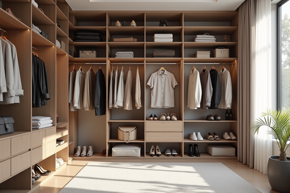 Dressing moderne organisé avec vêtements et accessoires élégants