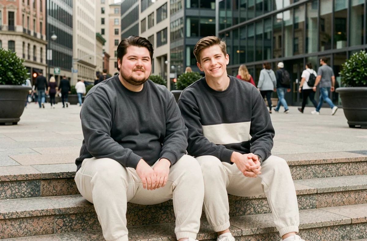 Deux amis aux morphologies différentes en tenues streetwear inclusives assis sur les marches d'une place urbaine moderne