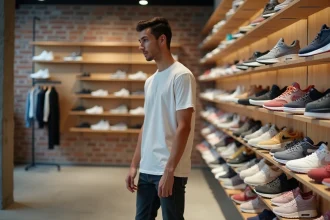 Jeune homme explorant les sneakers en édition limitée dans la boutique EDS Store à Nantes