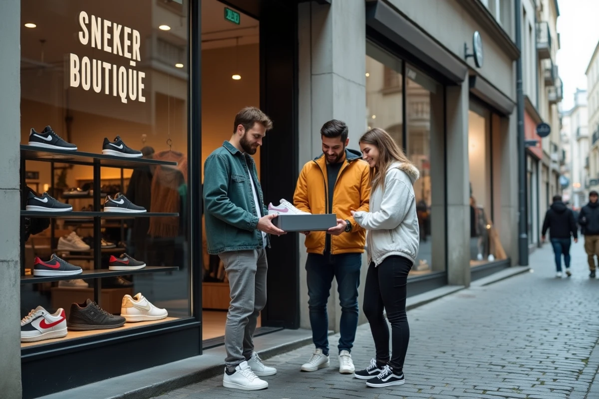 Groupe d'amis passionnés de sneakers devant la devanture de la boutique EDS Store à Nantes