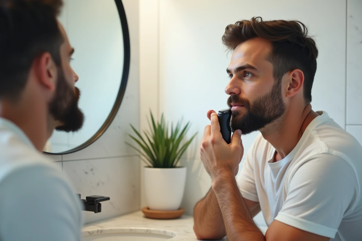 Homme arrondi visage entretenant sa barbichette avec une tondeuse devant un miroir de salle de bain