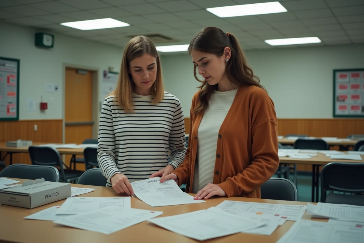 Deux femmes examinant des documents d'inscription à la Braderie dans une salle communautaire, évitant les erreurs classiques