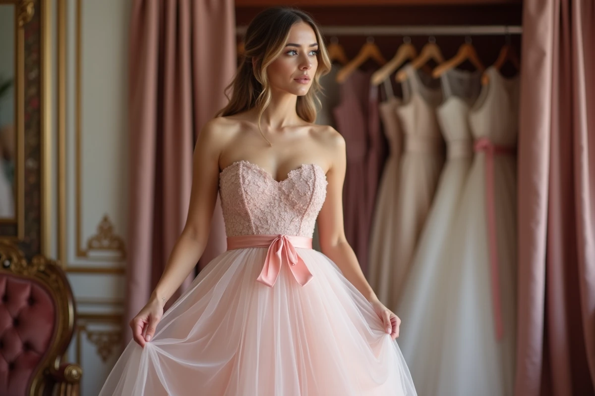 Femme essayant un jupon structuré sous une robe de cérémonie rose devant un miroir