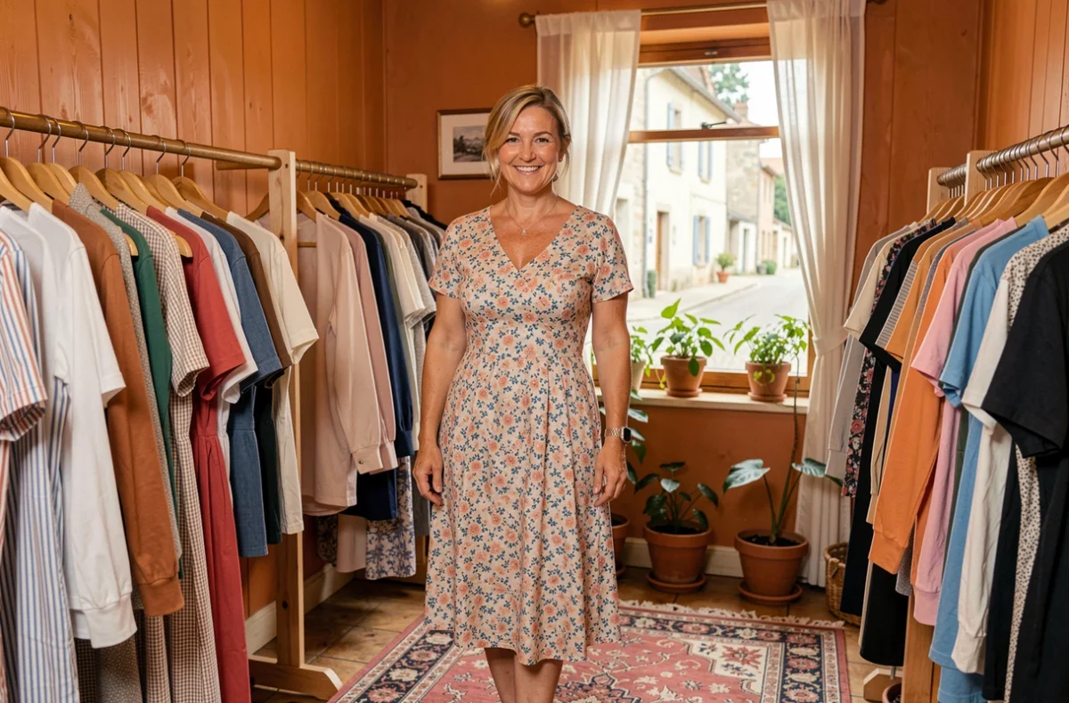 Propriétaire d'Evelyne Vêtements à Tramayes souriante parmi les portants de vêtements féminins de sa boutique de village