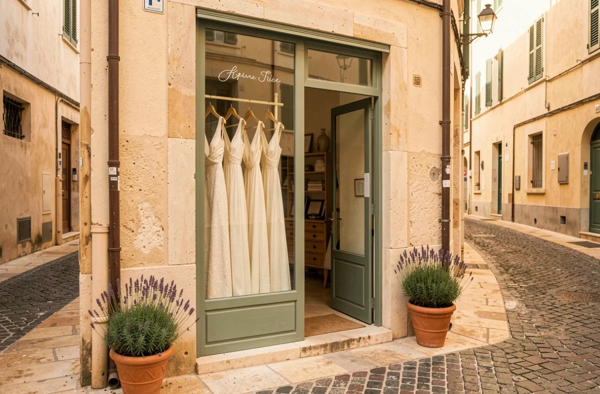Façade d'un atelier de couture à Nice avec vitrine élégante, cintres de vêtements et porte en bois vert sauge dans une rue du Vieux-Nice