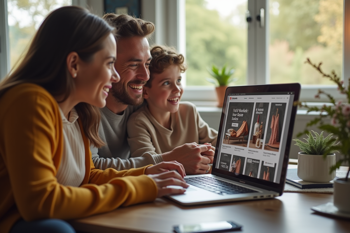 Famille heureuse naviguant sur un ordinateur pour une vente privée en ligne