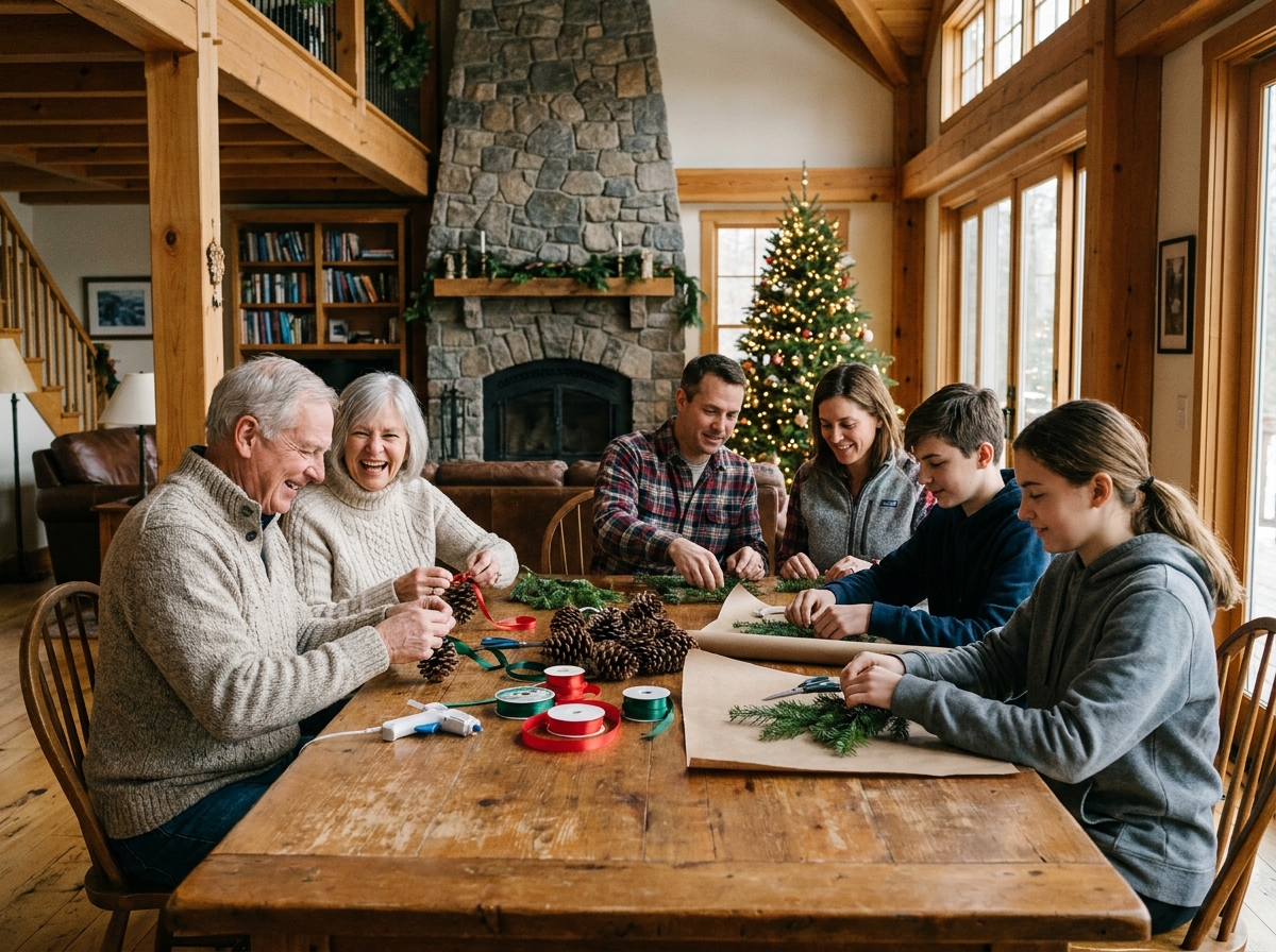 Grande famille multigénérationnelle réalisant des décorations de Noël artisanales ensemble autour d'une grande table rustique