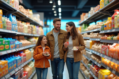 Famille française faisant des courses dans un supermarche moderne