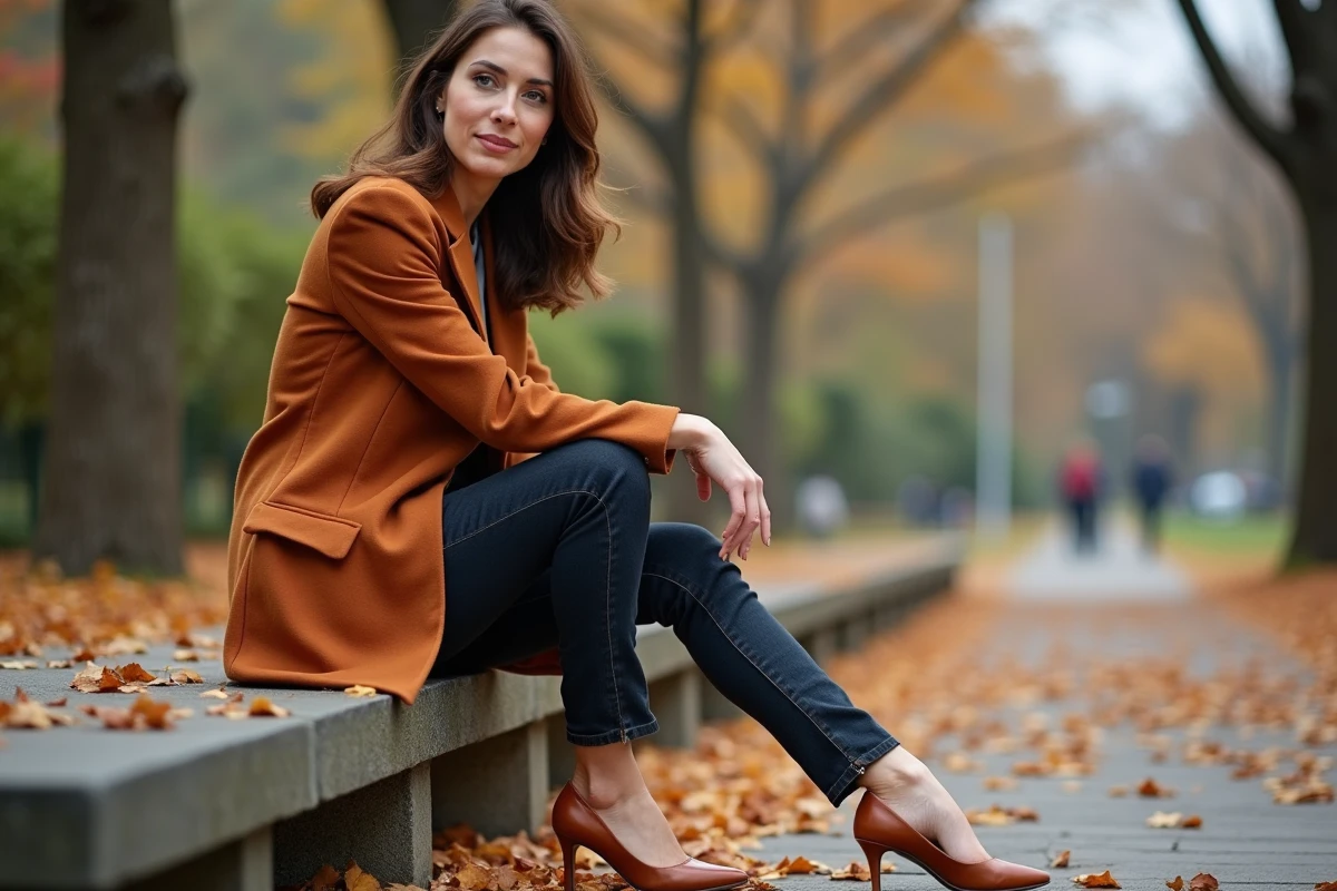 Femme en manteau roux ajustant ses escarpins kitten heels camel sur un banc en pierre dans un parc en automne