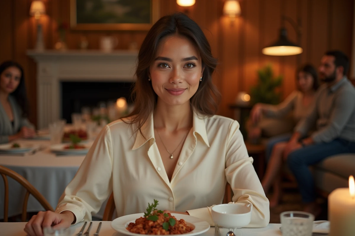 Jeune femme souriante assise &agrave; une table conviviale