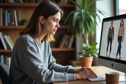 Femme scrutant un site de mode en ligne avec méfiance sur son ordinateur portable, cherchant des signes d'un site peu fiable