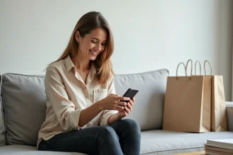 Femme consultant une application de vente privée sur son smartphone pour trouver les meilleures offres The Bradery