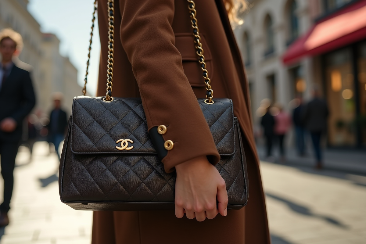 Femme élégante avec sac Chanel et sac Louis Vuitton en ville