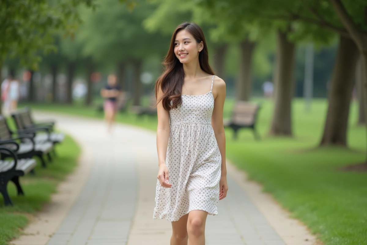 Jeune femme en robe coton lors d